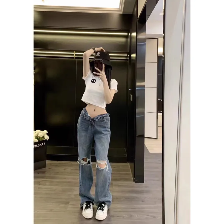 Leathercat牛仔裤女2025新款高腰显瘦小个子宽松破洞裤直筒阔腿裤