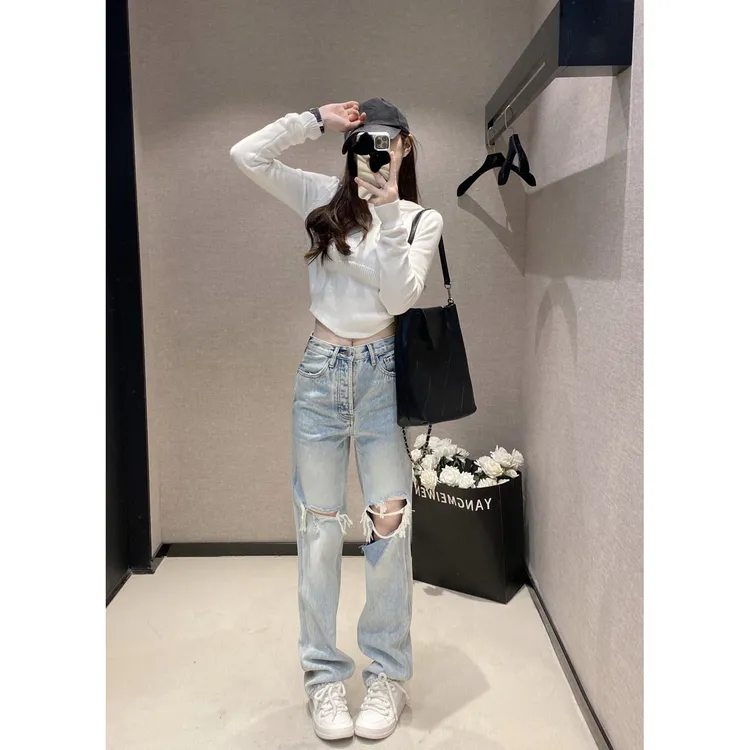 Leathercat破洞牛仔裤女2025春秋时尚设计感高腰显瘦休闲直筒裤子