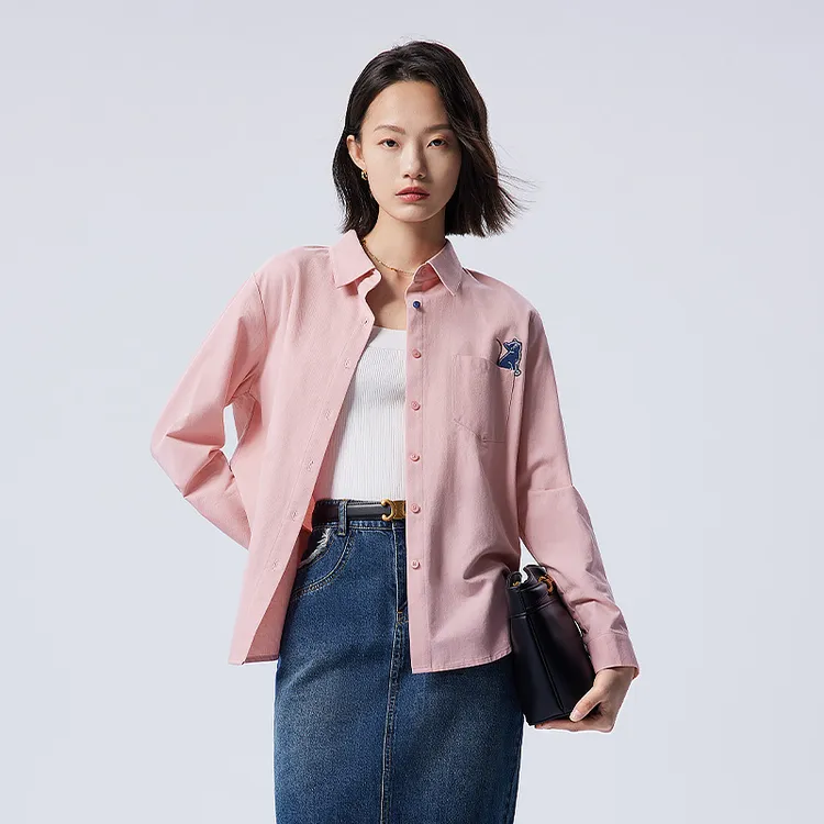 【琥珀流光】初语粉色新疆棉猫咪刺绣蓝色文艺洋气短款衬衣气质衬衫