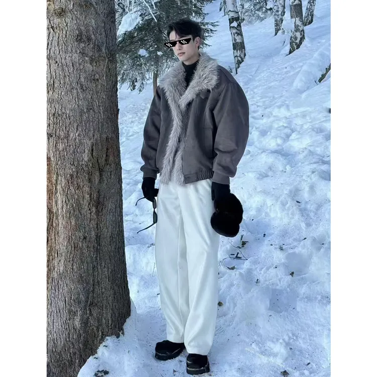 AIXKOM｜2024冬季座山雕新款皮毛一体短款加厚保暖翻领棉服外套男