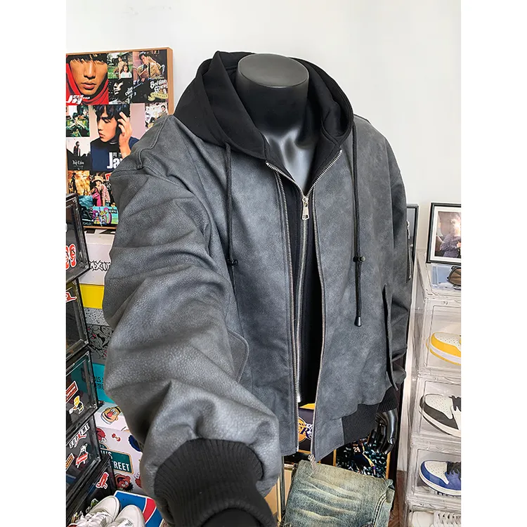 美式高街假两件棉服男女冬季潮牌痞帅PU皮夹克宽松休闲连帽外套