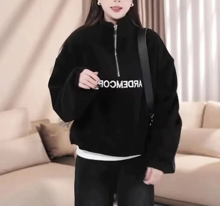 2024新款宽松上衣半拉链无帽立领卫衣女秋冬