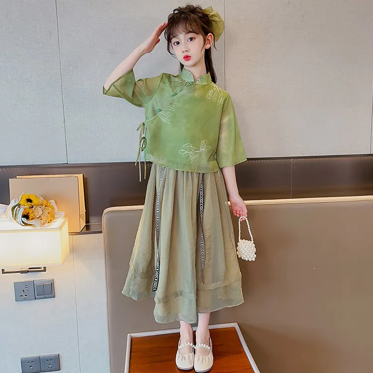 中大女童夏季汉服两件套2025新款儿童国风中式裙子复古女童裙子