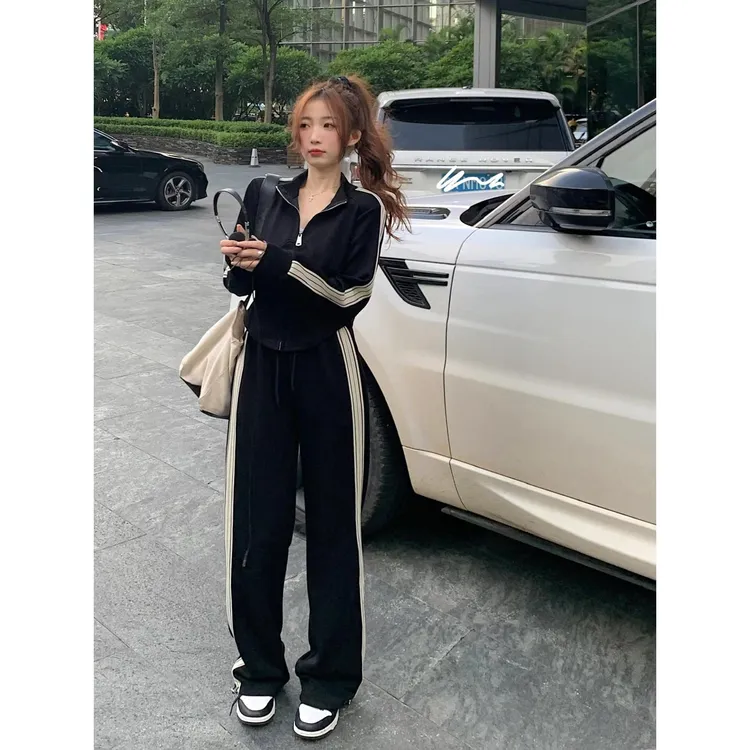 大码女装辣妹长袖外套上衣春季套装运动高腰休闲裤子两件套
