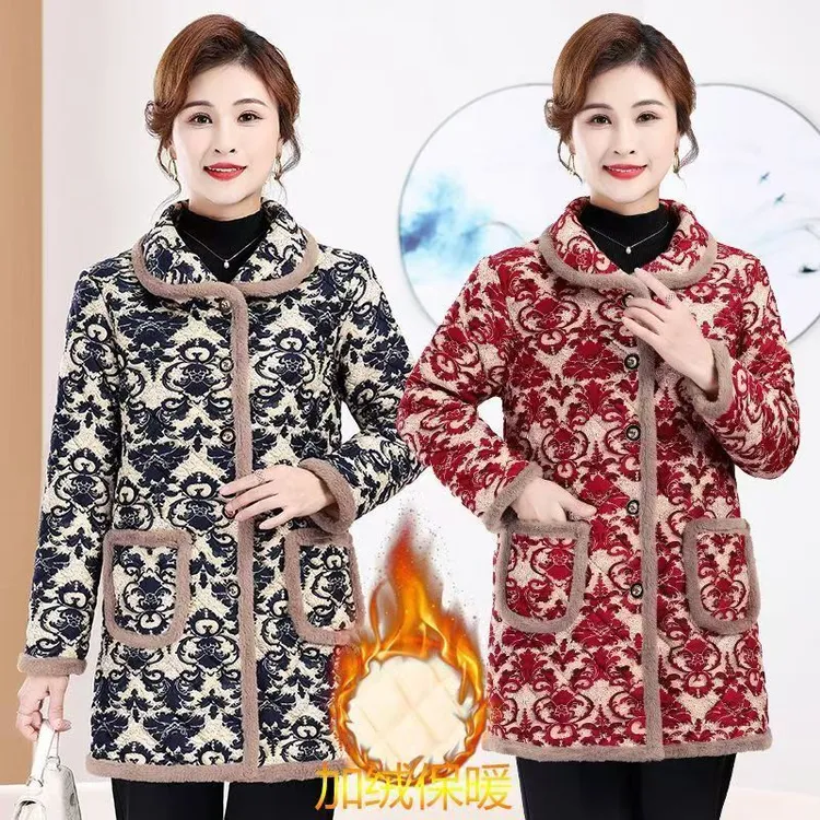新款洋气妈妈装加绒保暖棉衣外套冬季时尚休闲中老年碎花棉袄棉服