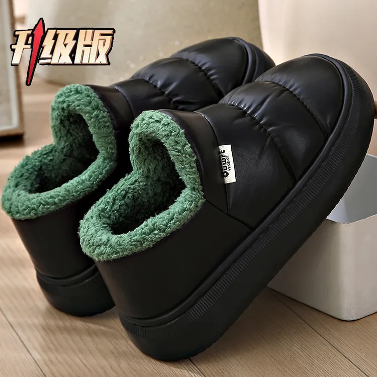 新款棉鞋包跟皮面棉拖鞋男冬季居家加绒厚底防水防滑情侣保暖鞋女