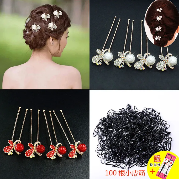 （发簪4支+100小皮筋+拉发针）发插U型夹簪子