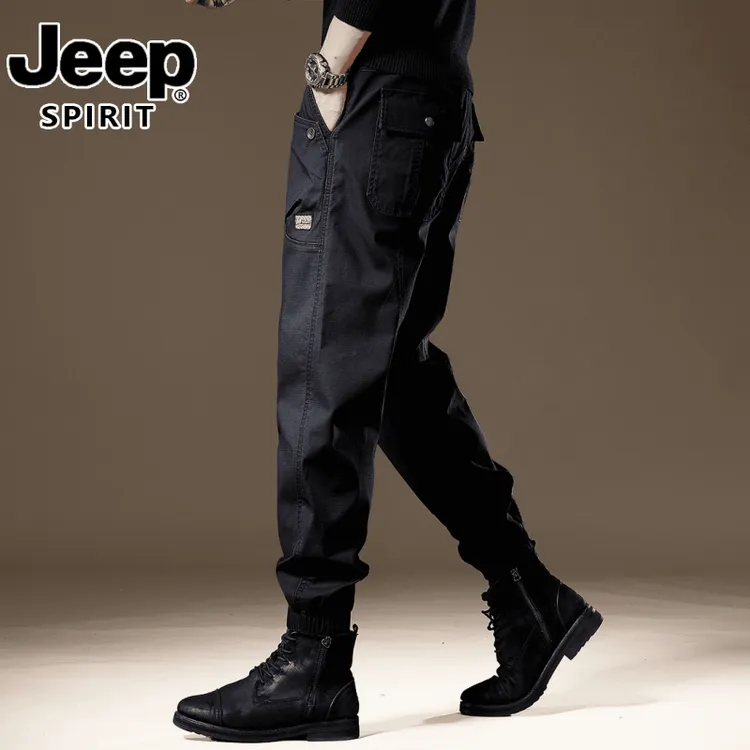 JEEP SPIRIT休闲工装裤子男秋冬新款黑色宽松大码直筒束脚长裤男
