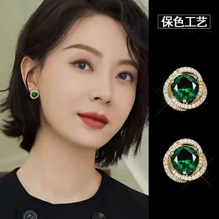铜合金耳饰 绿色锆石微镶耳夹无耳洞气质蚊香盘百搭轻奢法式时尚
