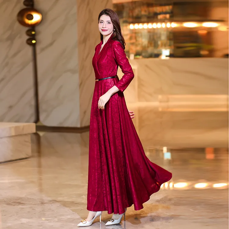 2024秋季新款长袖连衣裙女气质收腰西装领过膝长款大摆长裙到脚踝