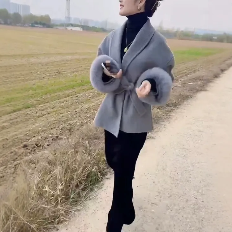 8933婕妤秀灰色毛呢外套小个子秋冬收腰大衣女2024新款毛呢外套