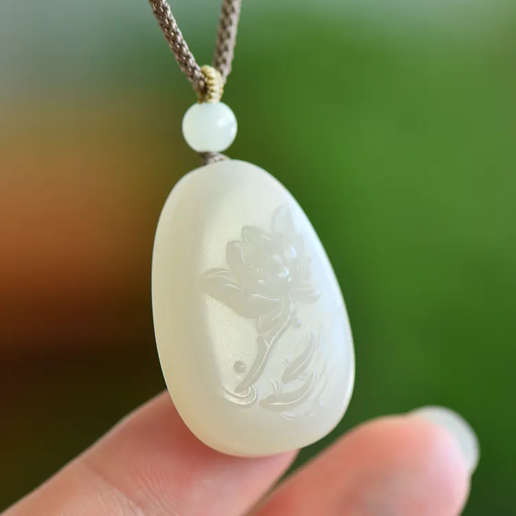 和田玉天然老熟料浅藕粉莲花手工雕刻吊坠妈妈礼物女款项链保真