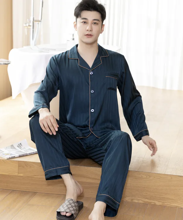 竖条纹高级感男士冰雪丝家居服睡衣套装