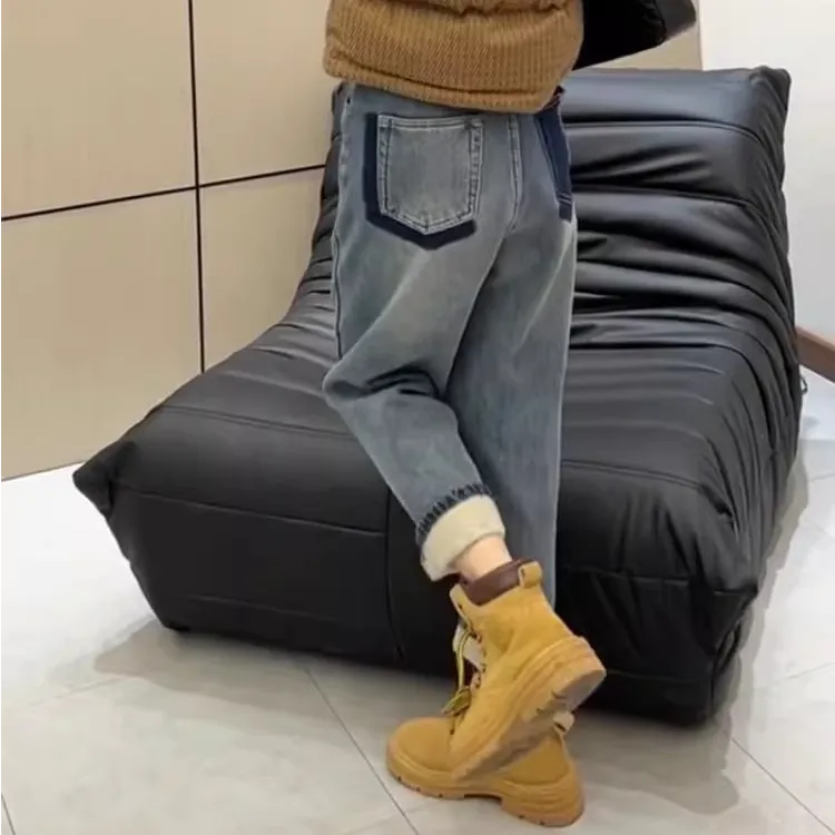 秋冬新款高腰复古时尚气质显瘦加绒加厚保暖直筒阔腿哈伦牛仔裤女