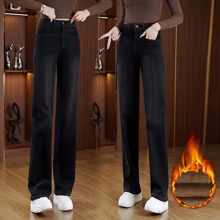加绒加厚保暖垂感直筒牛仔裤女2025新款秋冬季高腰气质百搭阔腿裤