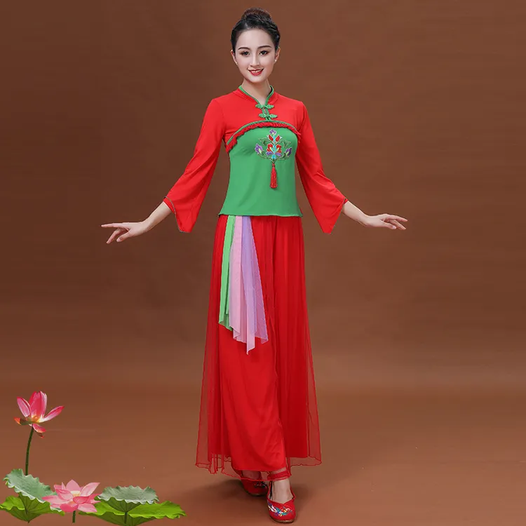 广场舞服装春秋新款套装中老年民族风秧歌舞演出服跳古典扇子舞女