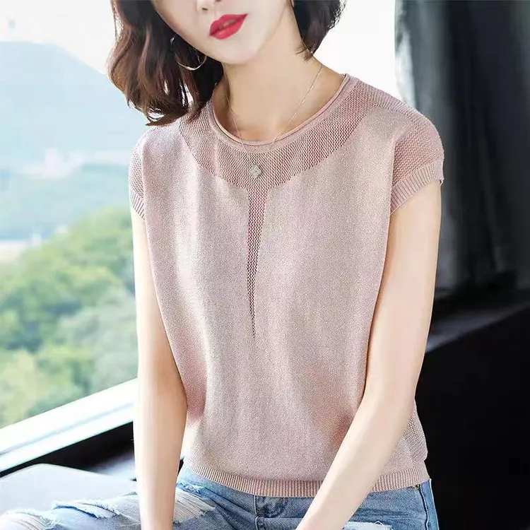 女款洋气亮丝短袖镂空设计感冰丝T恤女洋气蝙蝠衫宽松薄款针织衫