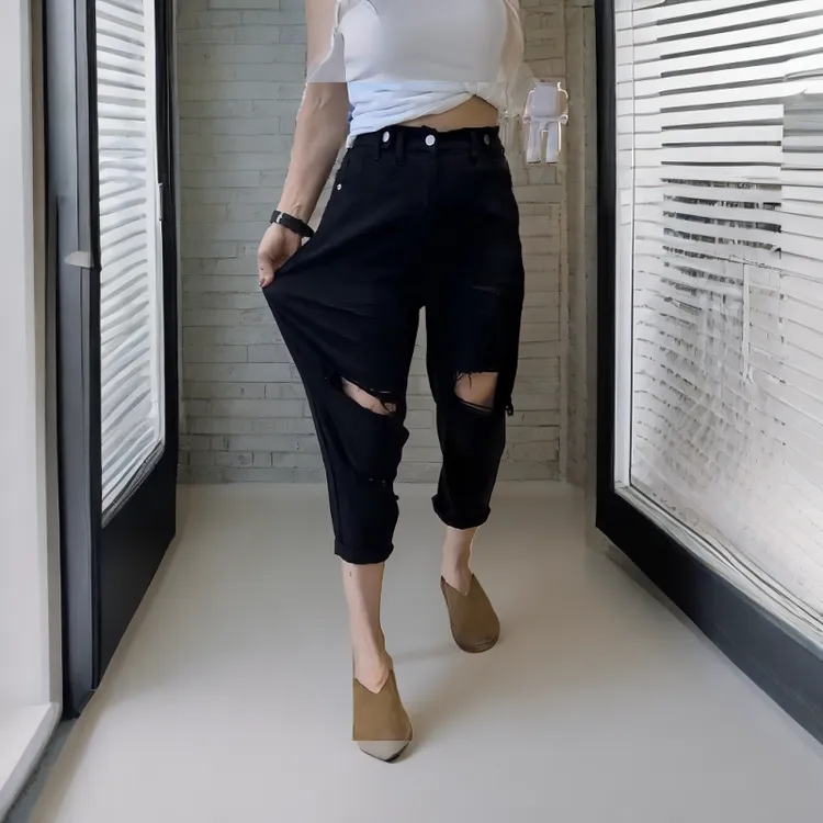 梨形身材微胖女生穿搭大码破洞牛仔裤子女秋季薄款弹力哈伦老爹裤