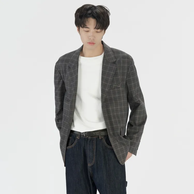 LibertyKostume秋冬格子西装单排扣长袖休闲通勤青年西装外套男