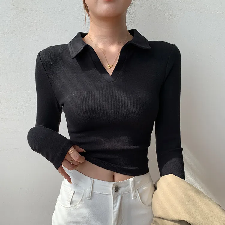 POLO领黑色正肩上衣女2025秋冬新款修身长袖T恤设计感内搭打底衫 