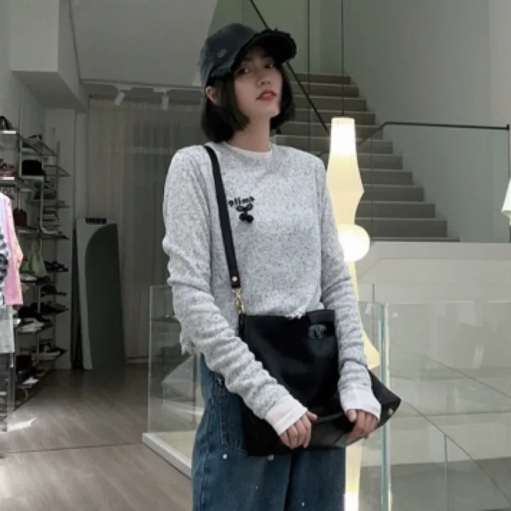 4MILE LOGO假两件浅灰宽松百搭针织毛衣2024秋新款