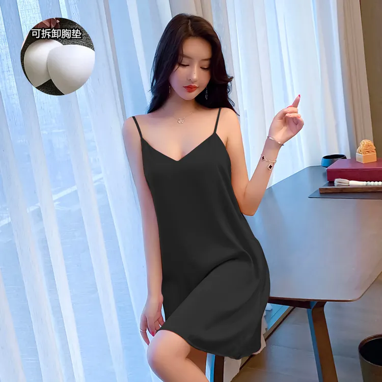 爆款冰雪丝带胸垫吊带睡裙女夏薄款显瘦性感睡衣甜美冰凉感家居服
