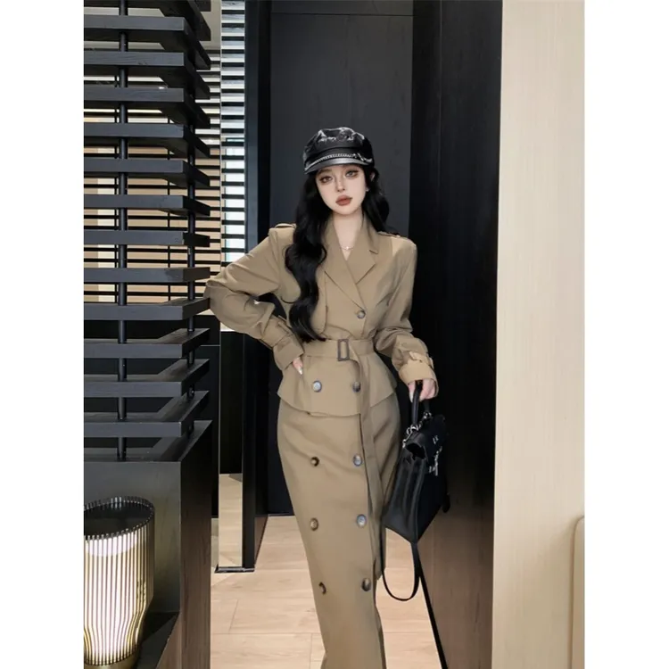卡其色双排扣风衣短外套女秋冬气质时尚套装包臀半身裙长裙两件套
