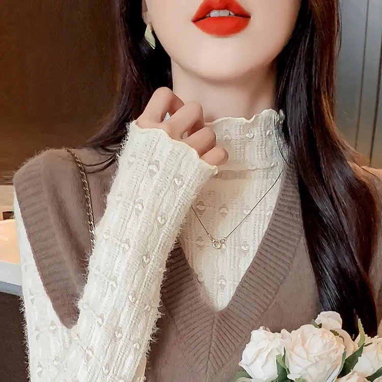 半高领磨毛蕾丝打底衫女高端木耳边小衫高级感小香风毛衣内搭上衣