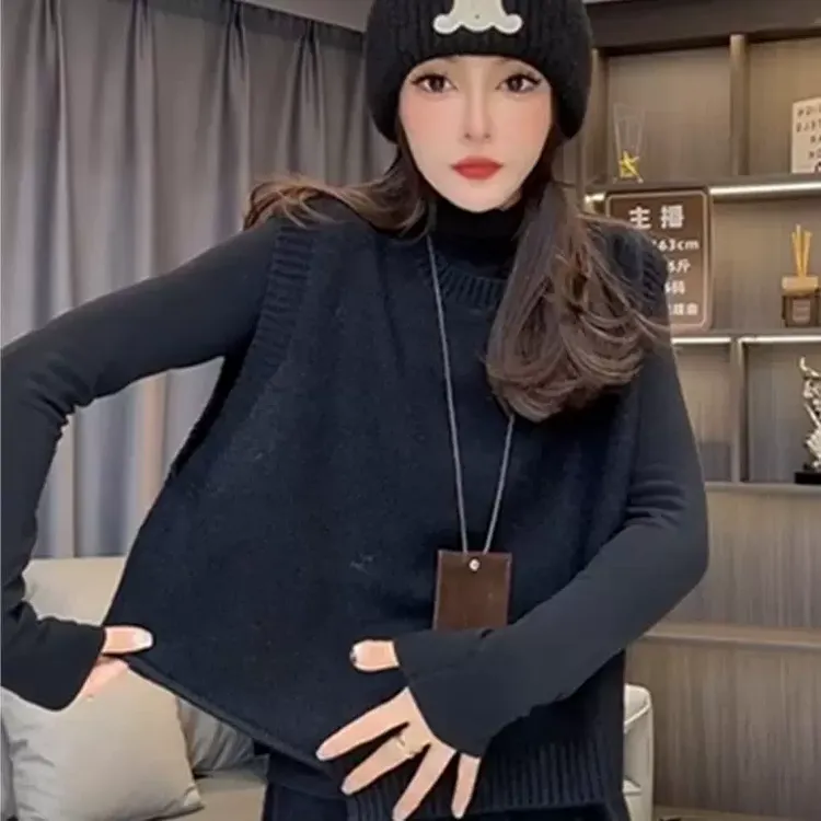 欧货设计感不规则短款针织衫马甲女秋冬新款时尚宽松百搭外搭毛衣