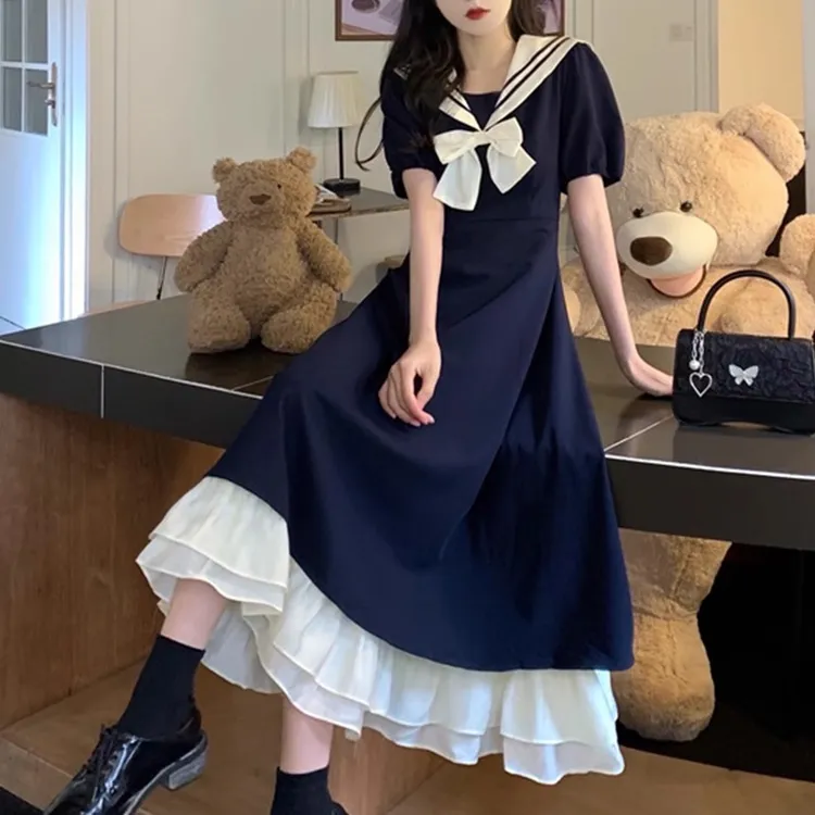 海军领连衣裙少女夏装2025新款初中高中学生学院风收腰甜美长裙子