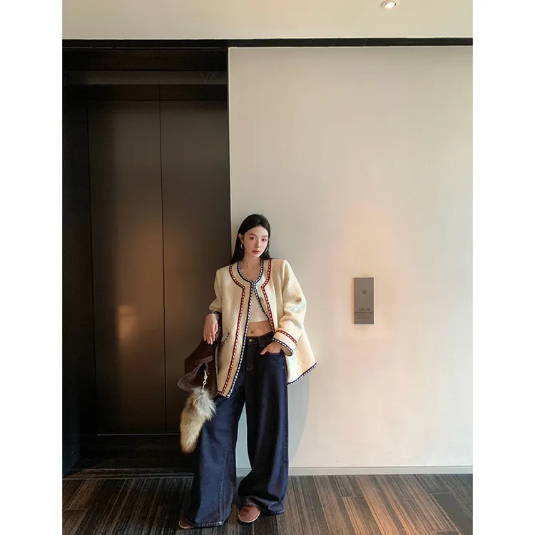 2024秋冬高级感时尚拼接撞色显瘦长袖外套上衣高腰垂感休闲阔腿裤