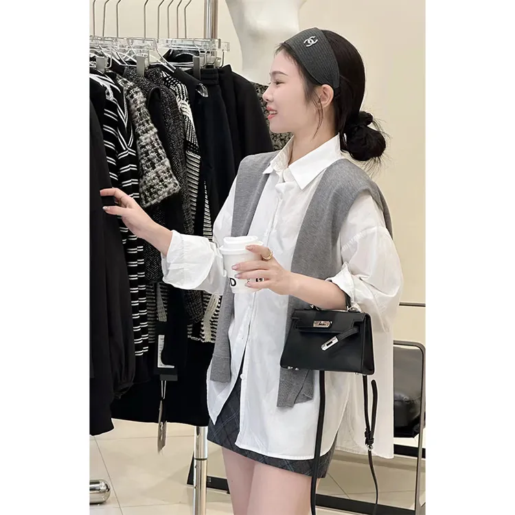 2024冬季高级感时尚轻职风显瘦百搭长袖衬衫灰色披肩高腰半身裙女