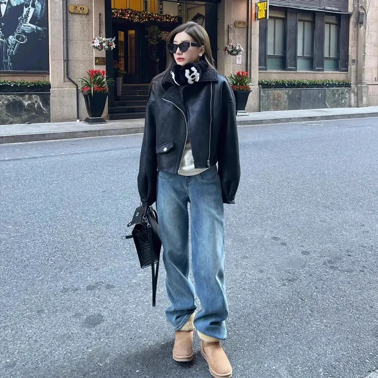 2025秋冬高级感拉链设计感挡风保暖皮衣外套女时尚高腰水洗阔腿裤