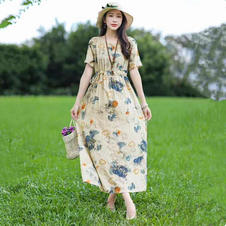 田园风印花棉麻连衣裙夏季新款宽松显瘦文艺复古收腰碎花长裙女