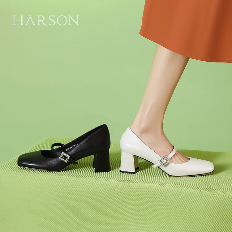 哈森玛丽珍鞋女2025春季新款复古粗跟单鞋黑色通勤鞋HWS240127