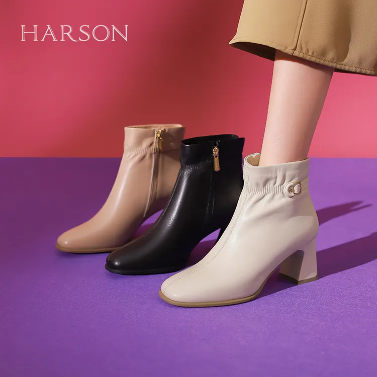 哈森短筒时装靴女秋冬新款优雅粗高跟瘦瘦靴羊皮革短靴HWA230200
