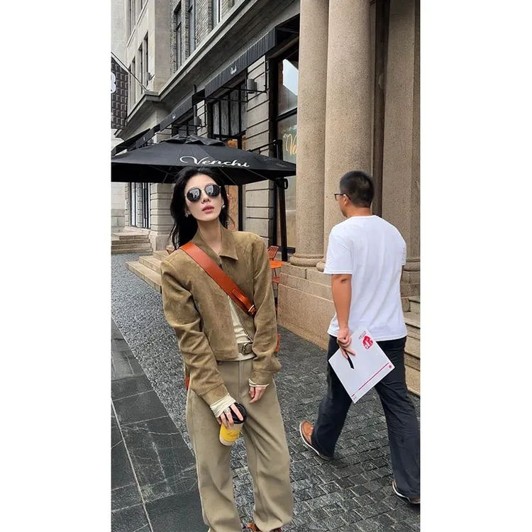 2024秋季新款美式时尚复古翻领长袖夹克短外套高腰直筒休闲长裤