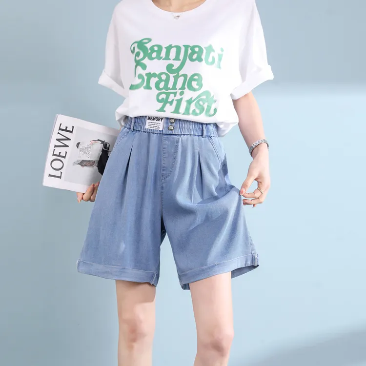 天丝牛仔短裤女夏季薄款大码胖mm宽松阔腿a字高腰热裤冰丝五分裤