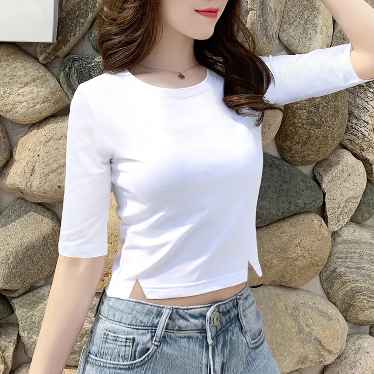 白色中袖t恤女短款修身设计感小众上衣春季五分袖高腰露脐体恤潮