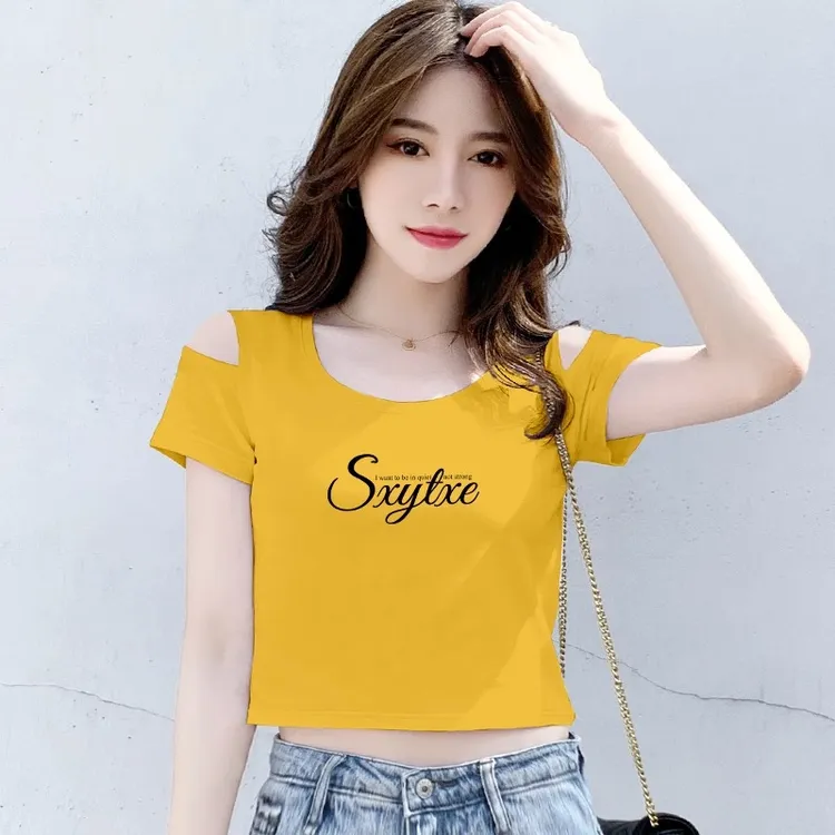 纯棉短袖T恤女设计感露肩修身露脐上衣女2024年新款高腰夏季ins潮