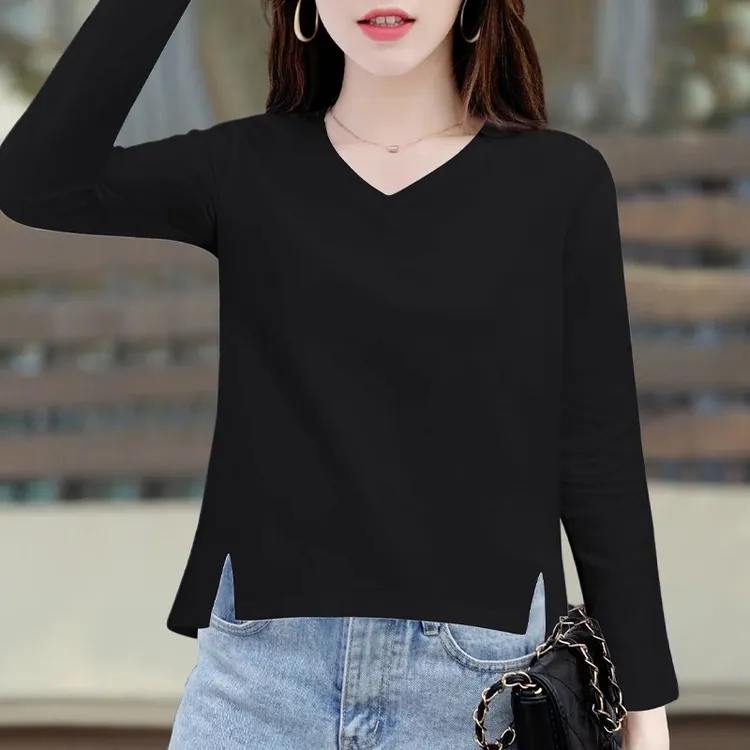 v领长袖t恤女大码宽松2025早秋新款开叉黑色打底衫体恤上衣潮