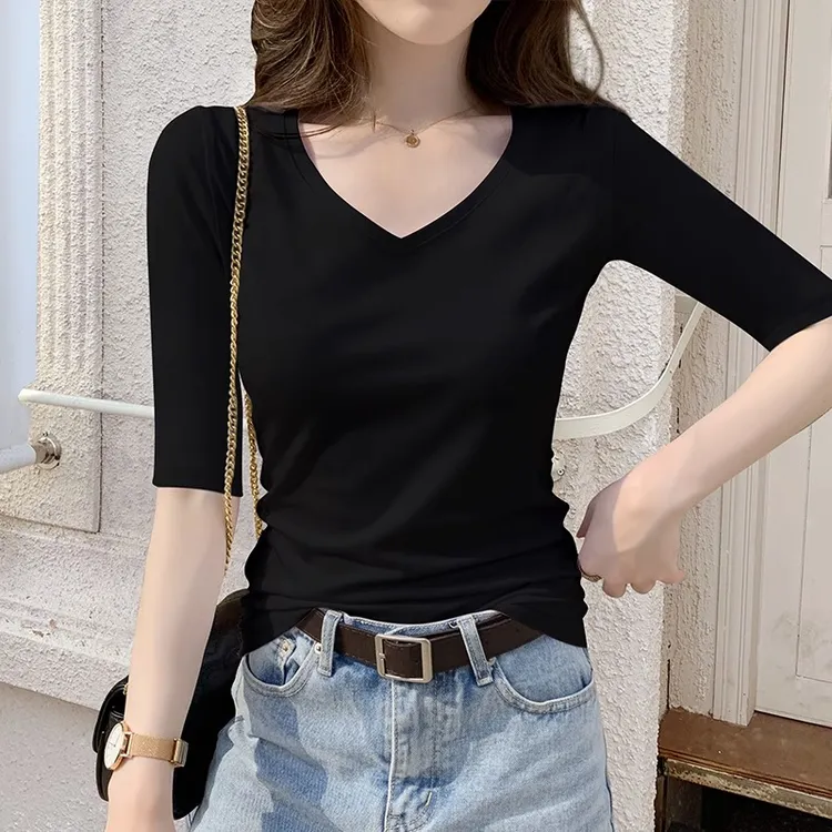 黑色中袖V领t恤女修身显瘦春秋百搭正肩纯棉五分袖打底衫内搭上衣