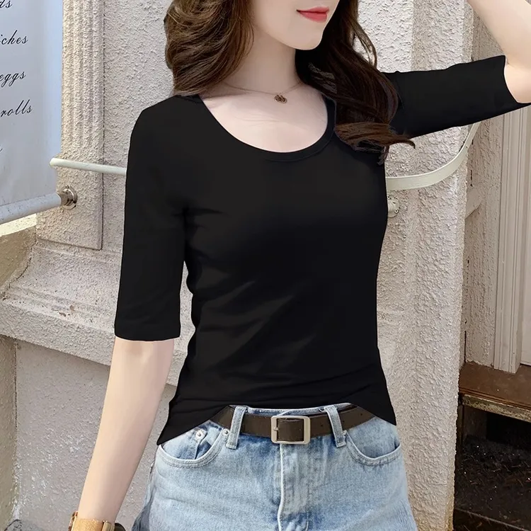 黑色中袖t恤女修身春秋百搭韩版正肩纯棉五分袖上衣秋2025年新款