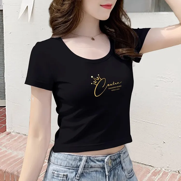 黑色短款t恤女短袖夏季潮牌高腰正肩纯棉百搭露脐上衣2025年新款