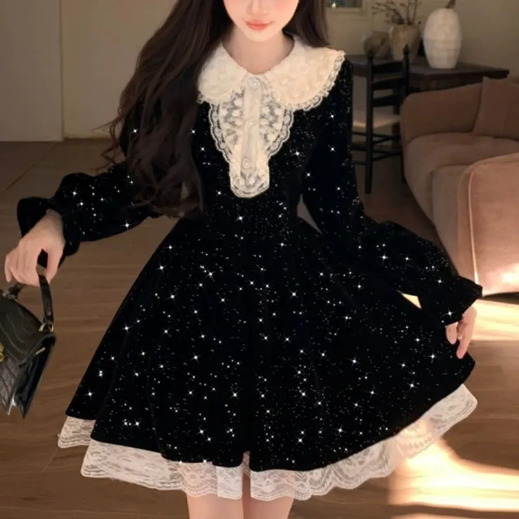 优雅复古蕾丝边娃娃领在逃法式小个子秋冬闪闪丝绒黑色年会礼服裙