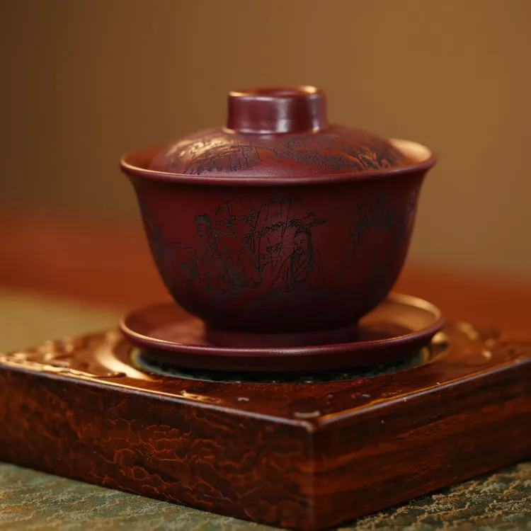 【8038-3竹林七贤盖碗】宜兴原矿紫砂高温龙血砂竹林七贤三才盖碗