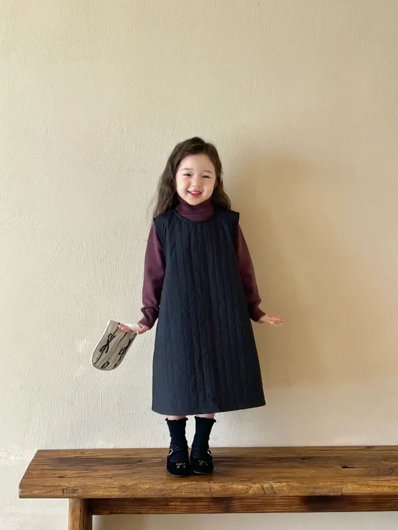 现货！！2024冬季新品  韩版童装 女童无袖绗线夹棉裙长款加厚棉裙