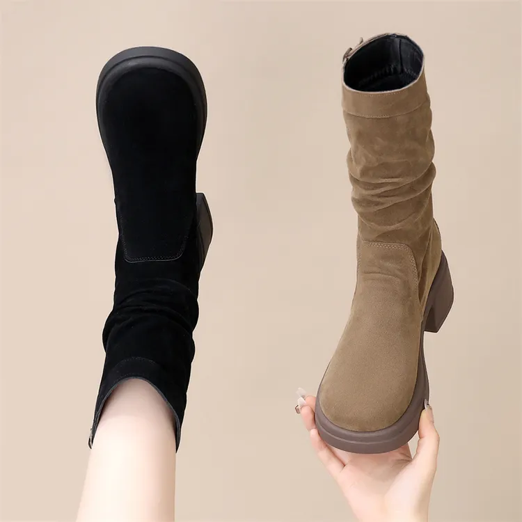 复古网红爆款粗跟褶皱堆堆靴女2025春秋新款增高小个子显瘦马丁靴