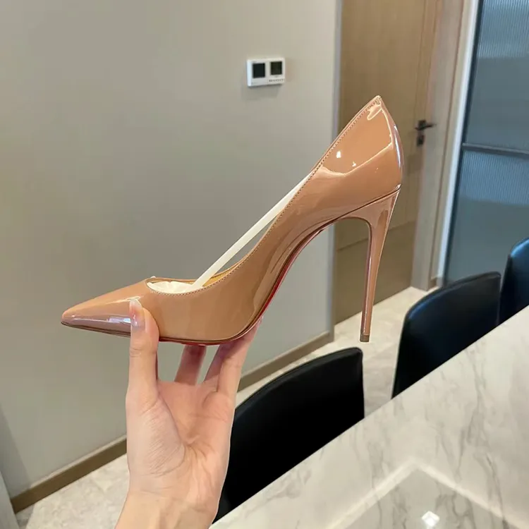 真皮  羊皮裸色漆皮高跟鞋女细跟百搭尖头浅口通勤单鞋秋新款婚鞋