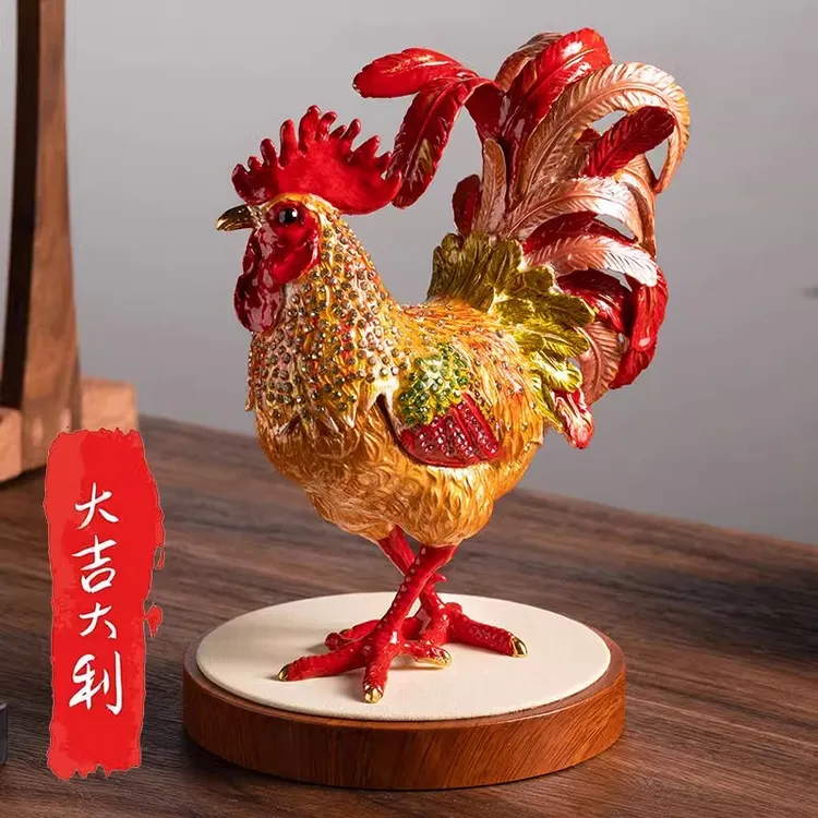 珐琅彩大公鸡手工镶钻金鸡报晓乔迁送礼卧室前台乔迁送礼家居摆件